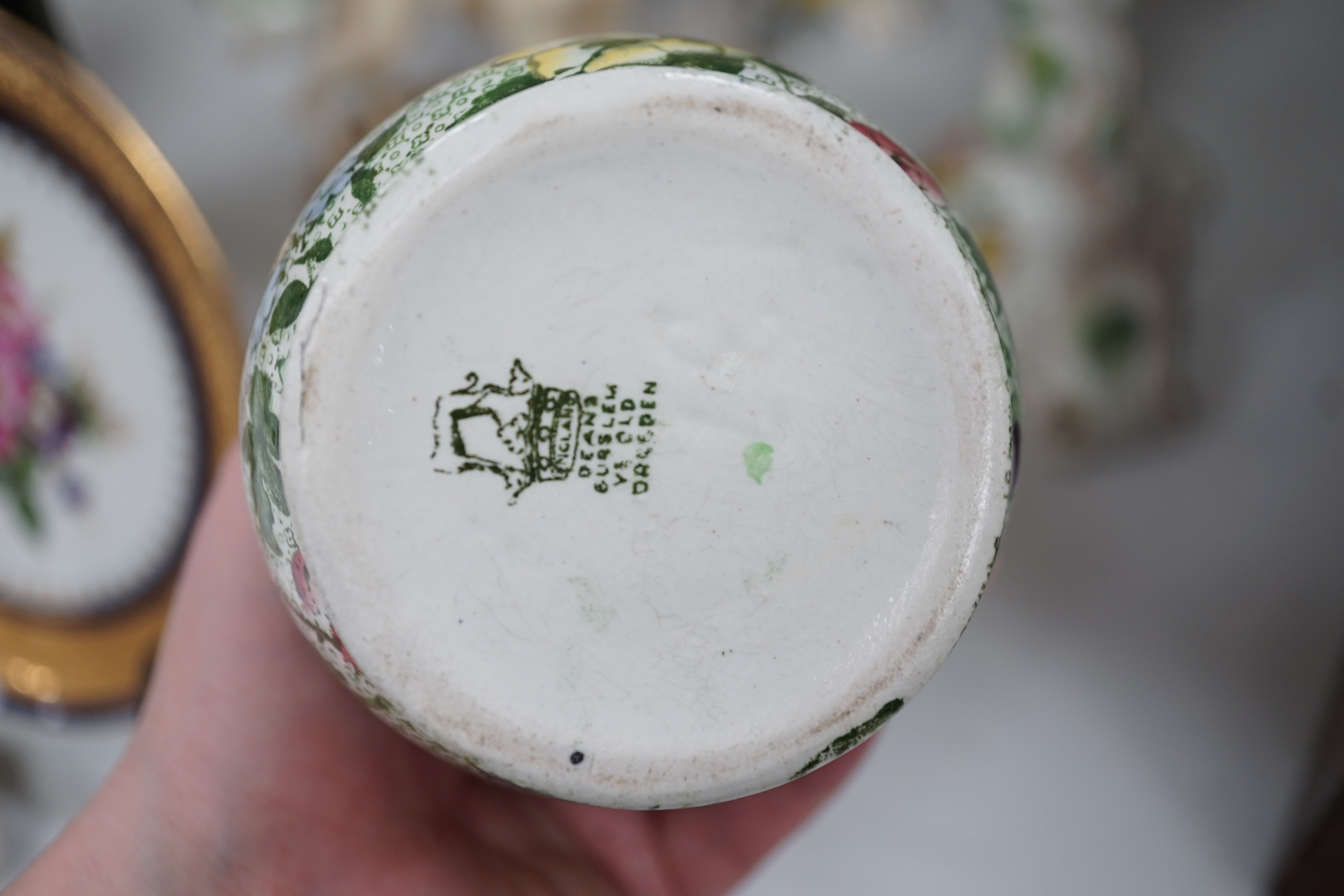 A set of three Victorian Coalbrookdale type vases, a Continental Three Graces group and sundry ceramics, tallest 34cm